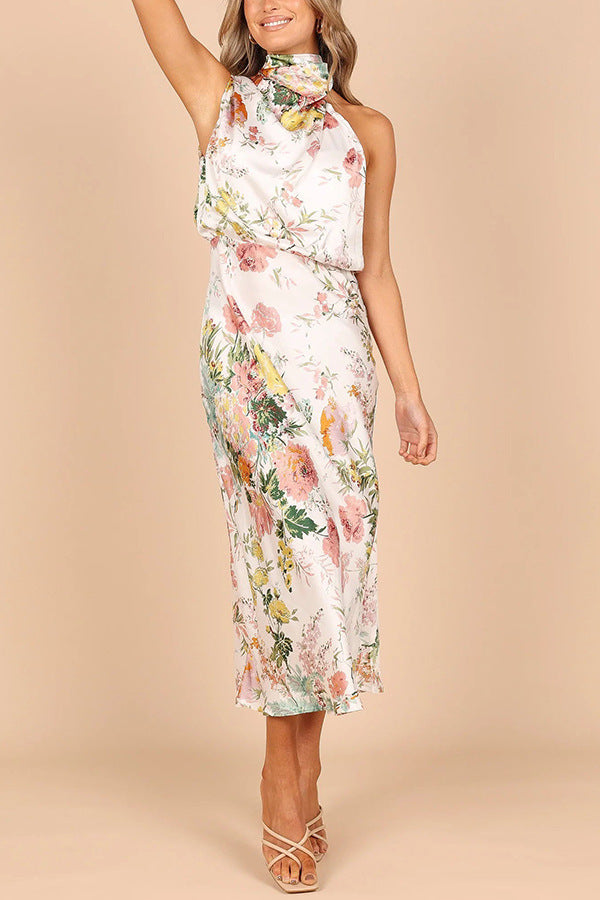 Sleeveless Halter Printed Satin Dress