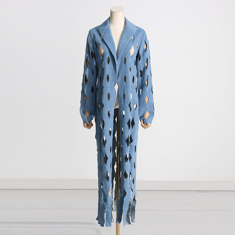 Denim Ripped Tassel Long Coat