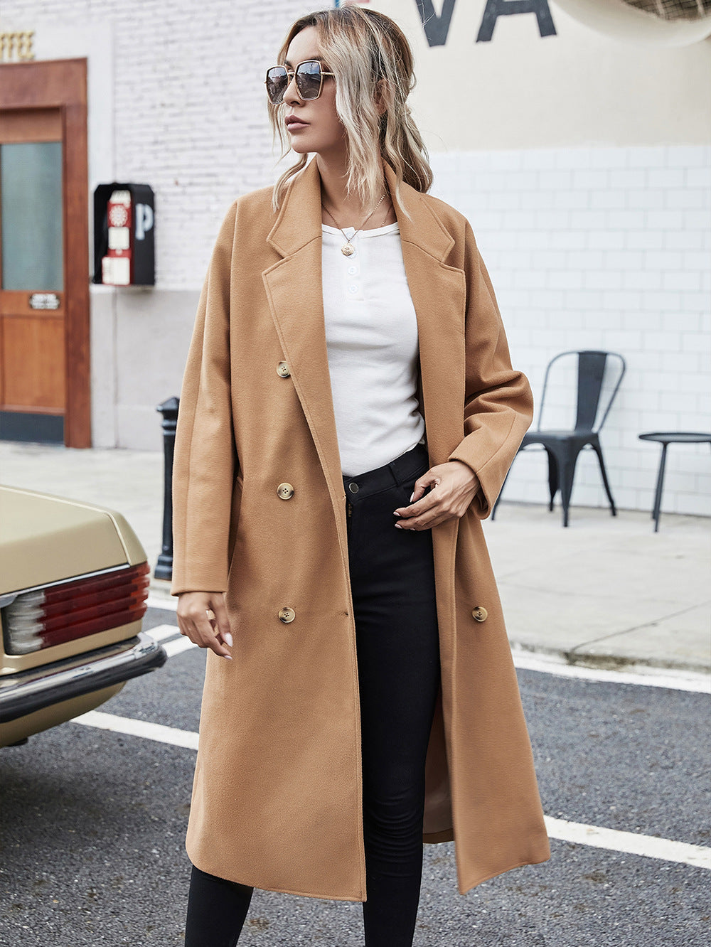 Woolen Lace-up Double Breasted Coat Outerwear