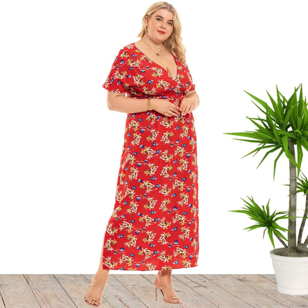 Curvy Floral Dress V-neck Split Dress