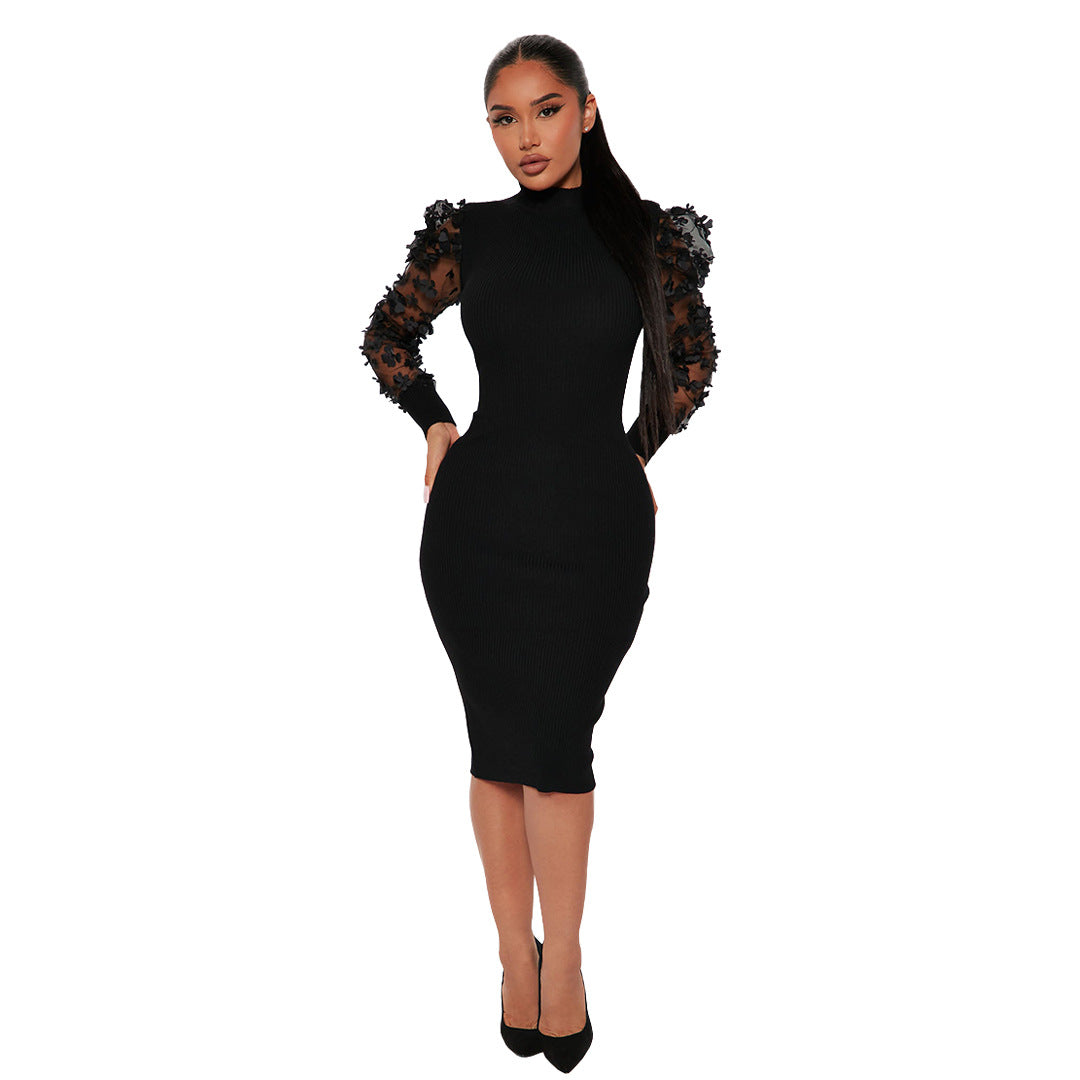 Mesh Sleeves High ollar Dress