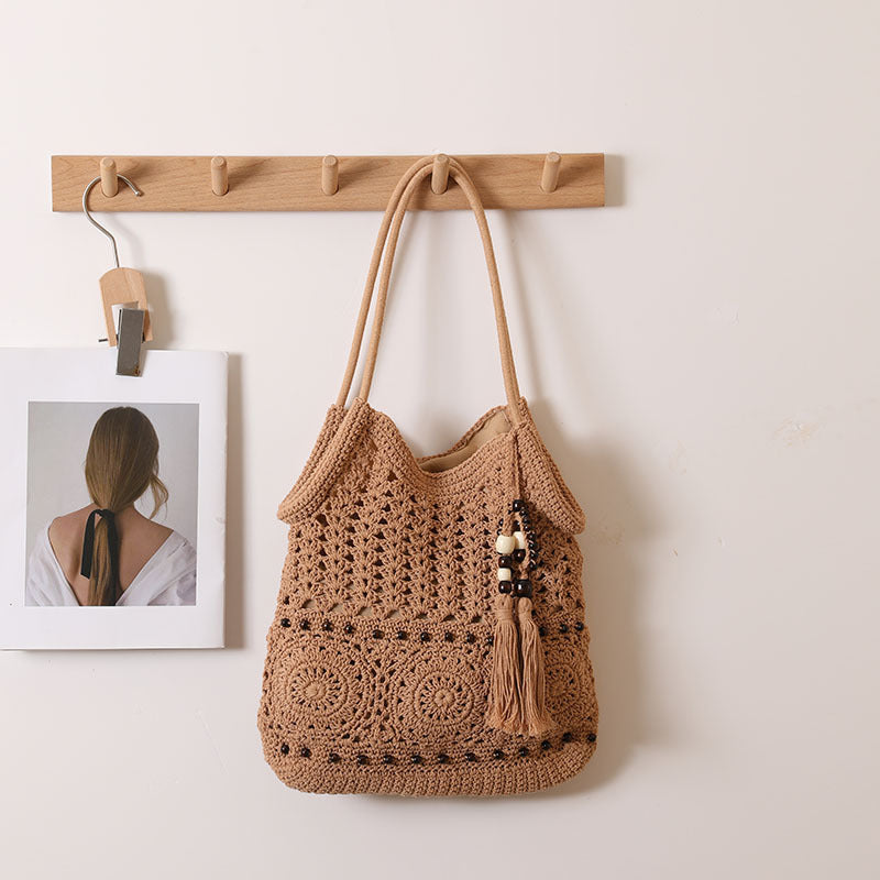 Crochet Maori Beaded Tassel Shoulder Bag Cotton Natural
