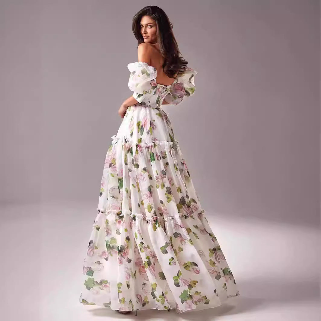 Off Shoulder Floral Printed Maxi Dress