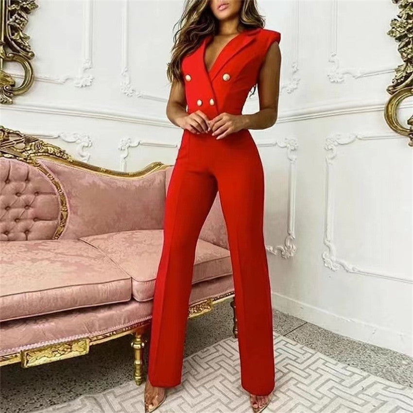 V-neck Sleeveless Houndstooth Jumpsuit