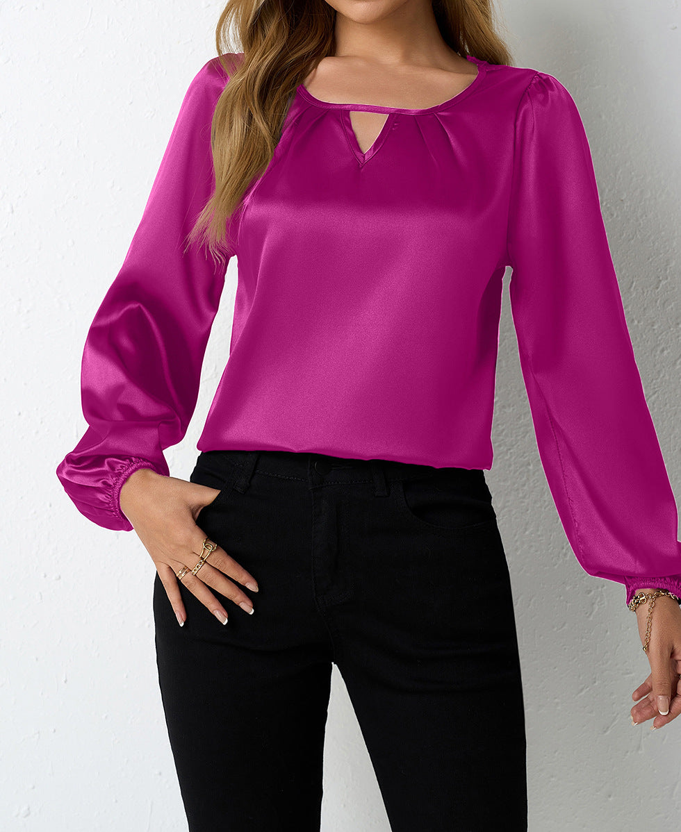 Satin Casual Pleated Long Sleeve Satin Top