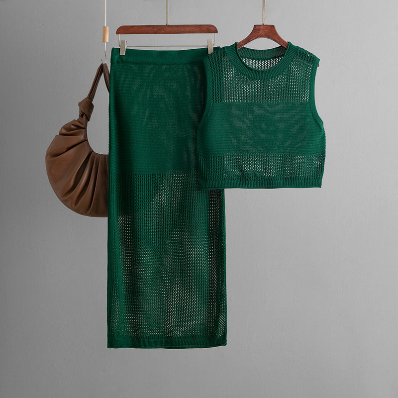 Slim Hollow Out Cutout Sleeveless Vest Summer Knitted Slit Skirt Two Piece Set