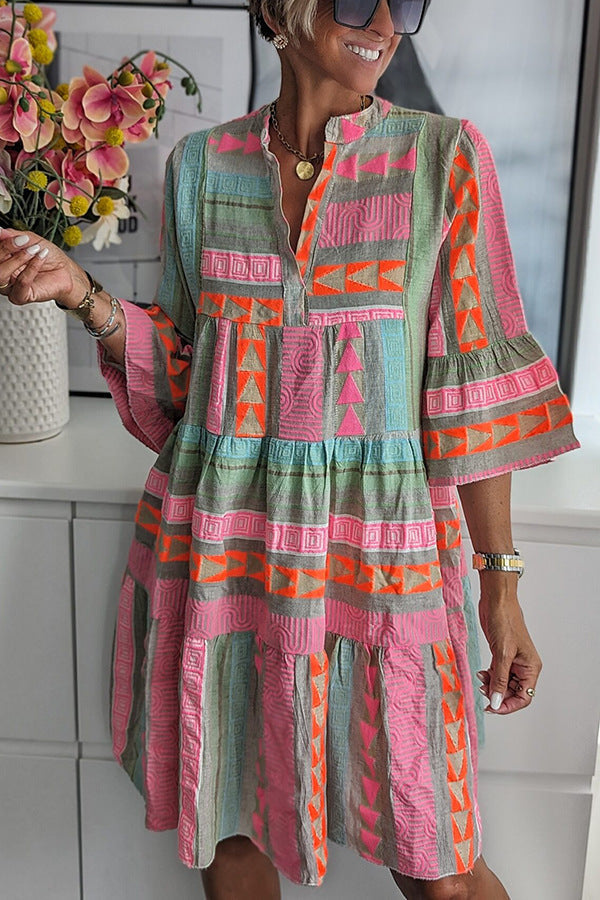 Printed V-neck Three Quarter Sleeve Dress