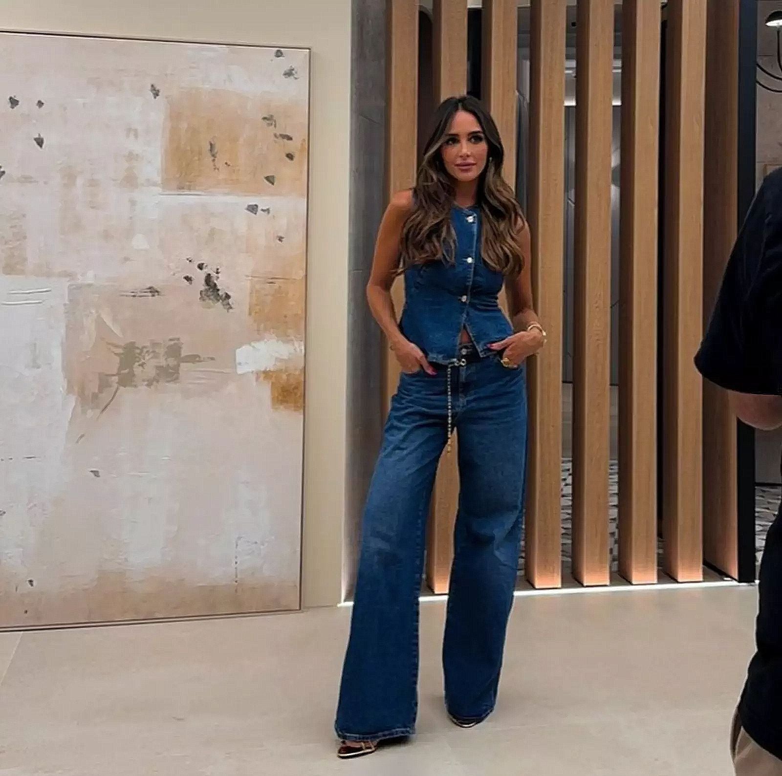 Sleeveless Vest Wide Leg Denim Two Piece Sets