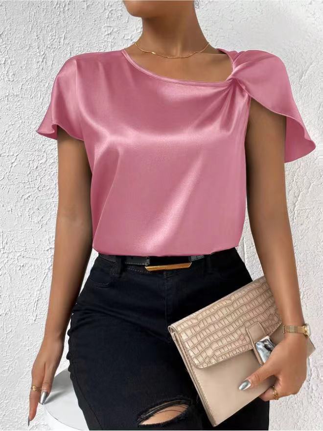 Short Sleeve Satin Twisted Solid Color Loose Fitting Top Women