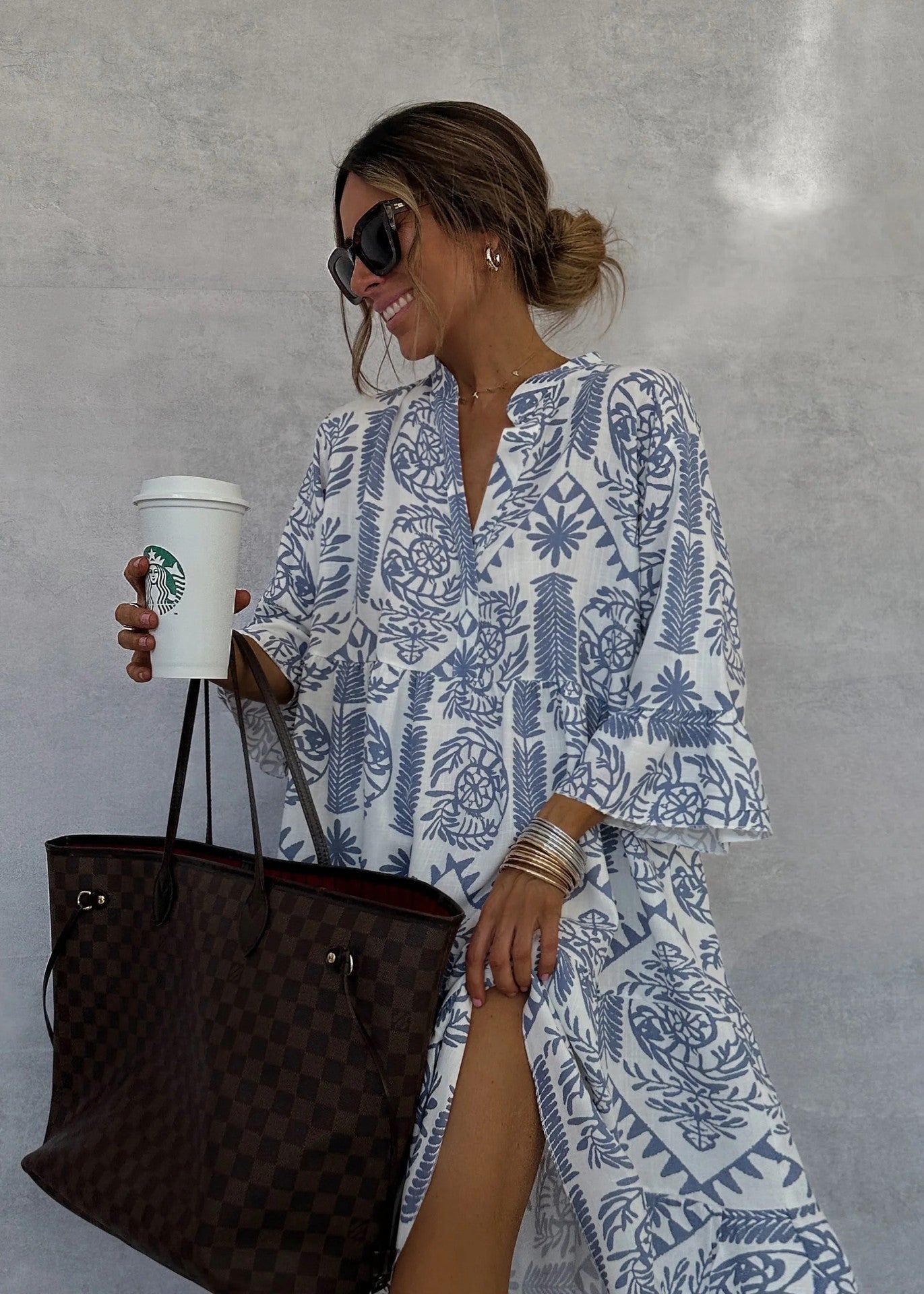 Dress Casual Printed 3/4 Sleeves Shirt Dress for Women