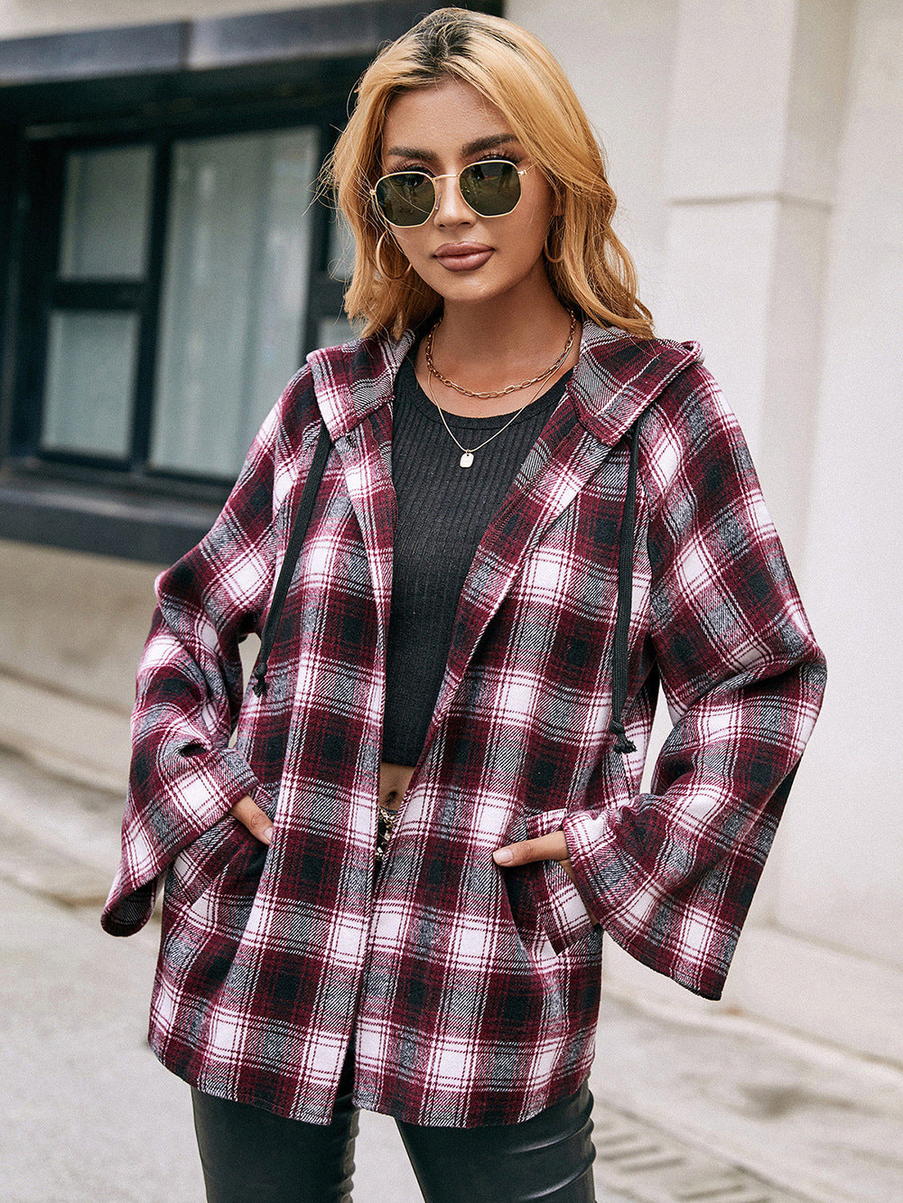 Checked Plaid Hooded Shirt Jacket