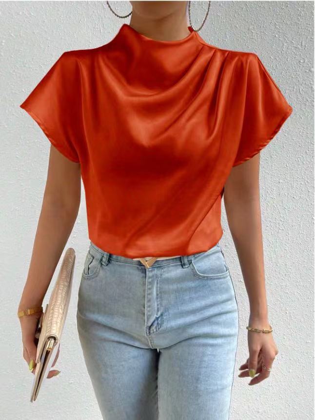 Round Neck Short Sleeve Pleated Top