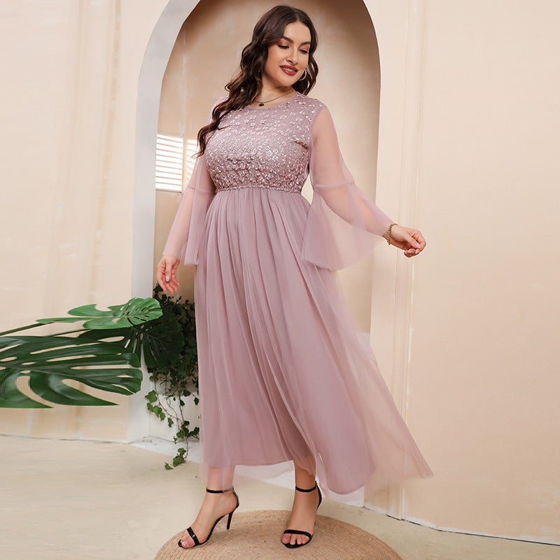 Plus Size Mesh Long Sleeve Midi Dress