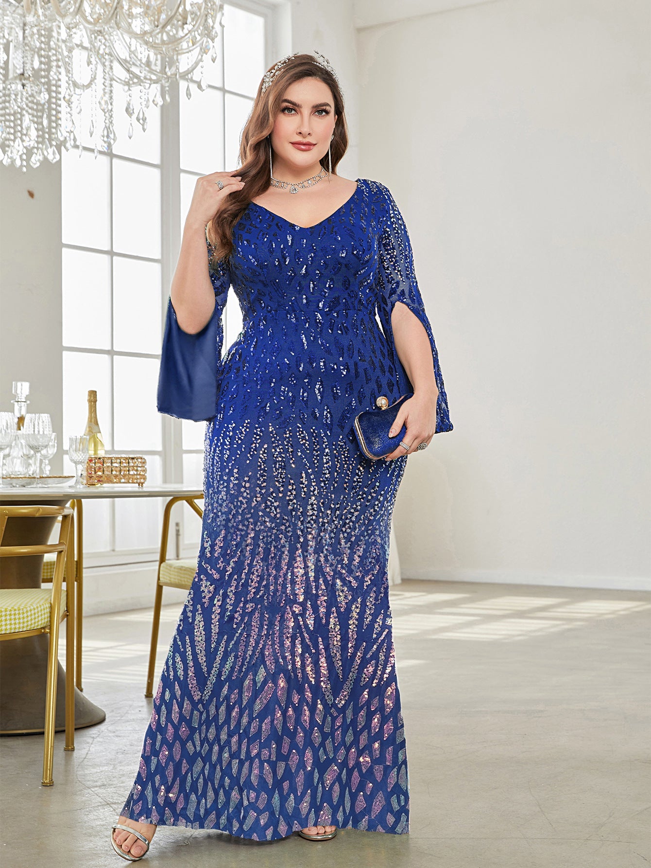Plus Size Long Sleeve Deep V Plunge Sexy Dress Evening Cocktail Party Dress