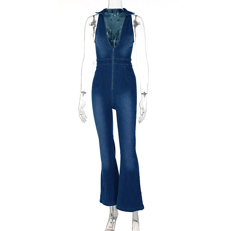 Sleeveless V-neck High Waist Vintage Denim Jumpsuit
