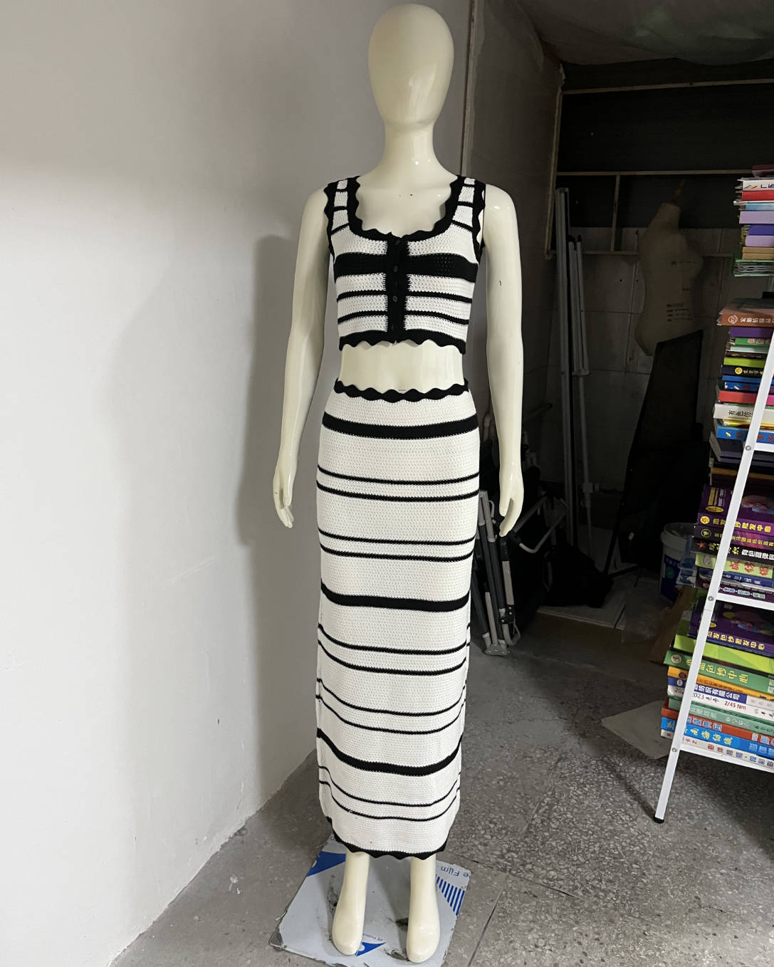 Striped Casual Vest Top Beach Bohemian Contrast Color Long Skirt Knitting Set Women