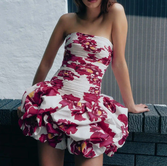 Tube Top High Waist Pleated Dress Women