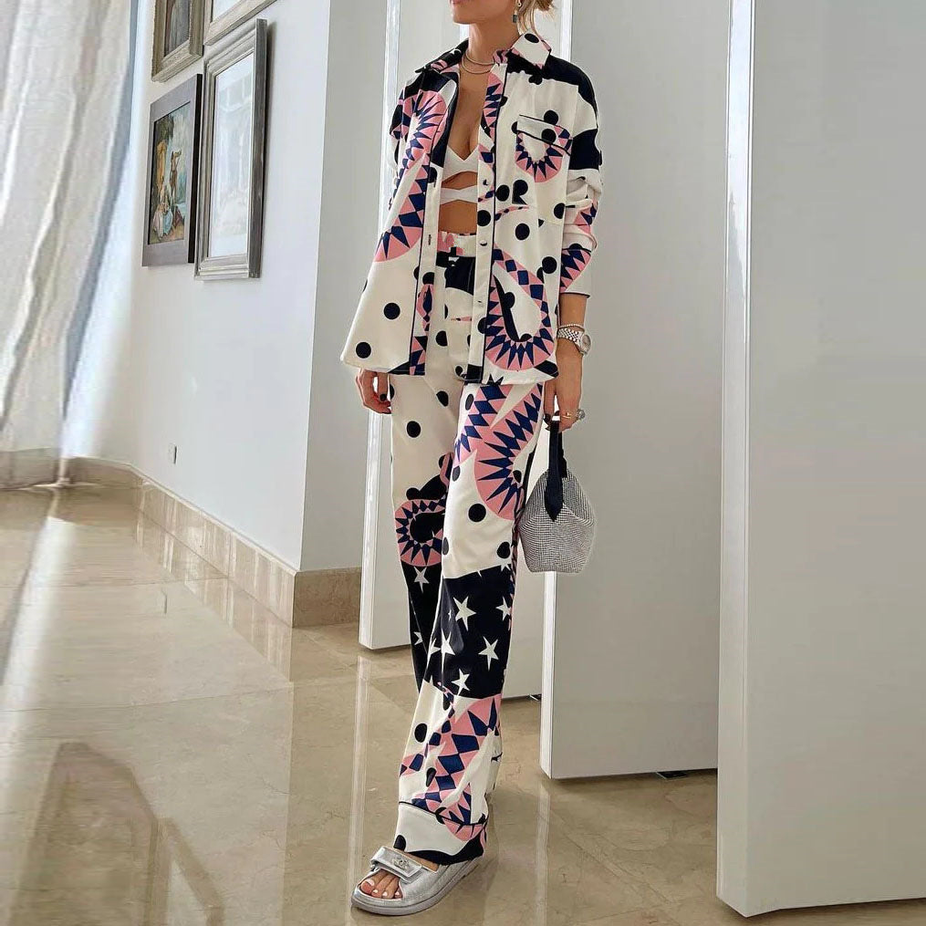 Printed High Waist Wide Leg Pants Suit