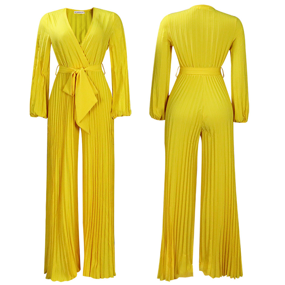 Summer V neck Pleated Wide Leg Jumpsuit
