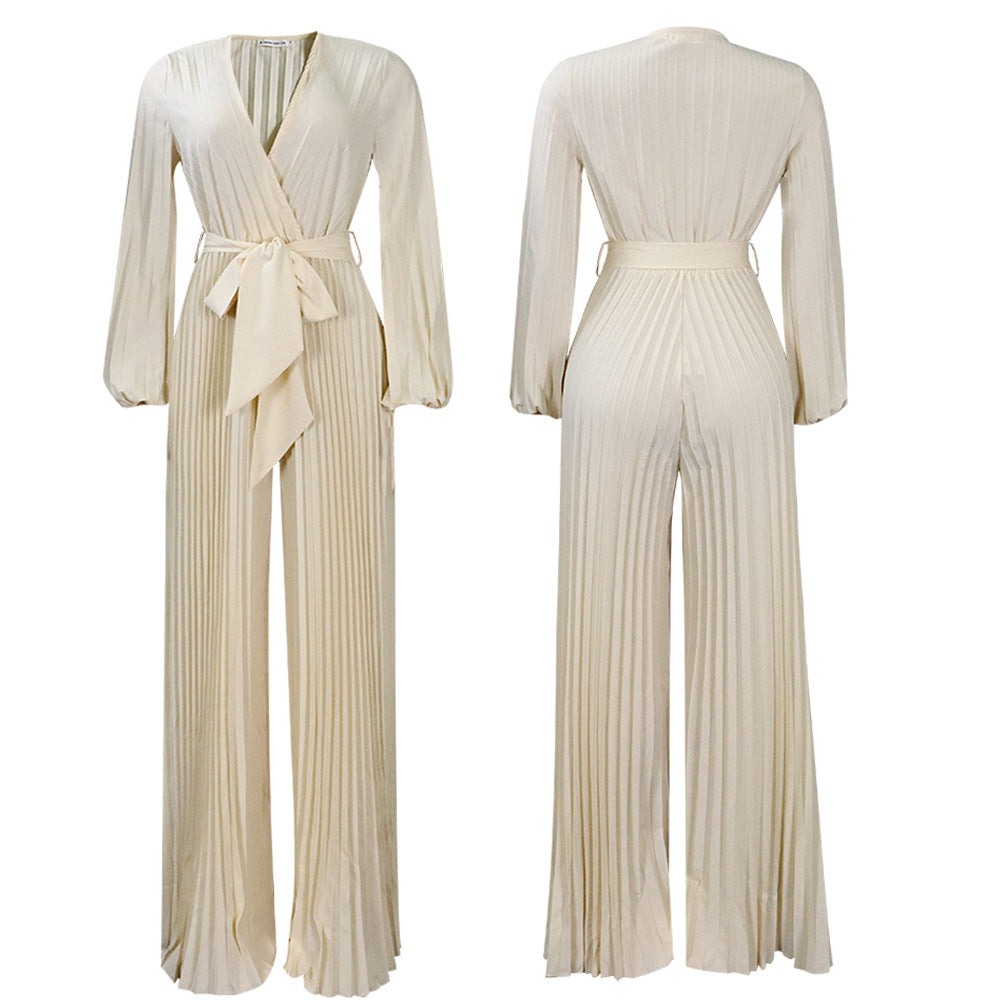 Summer V neck Pleated Wide Leg Jumpsuit