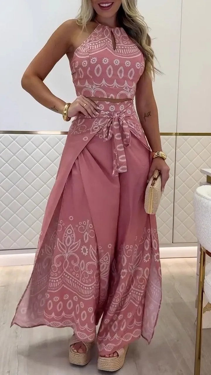 Boho Halter Top & Wide Leg Pants Two Piece Sets