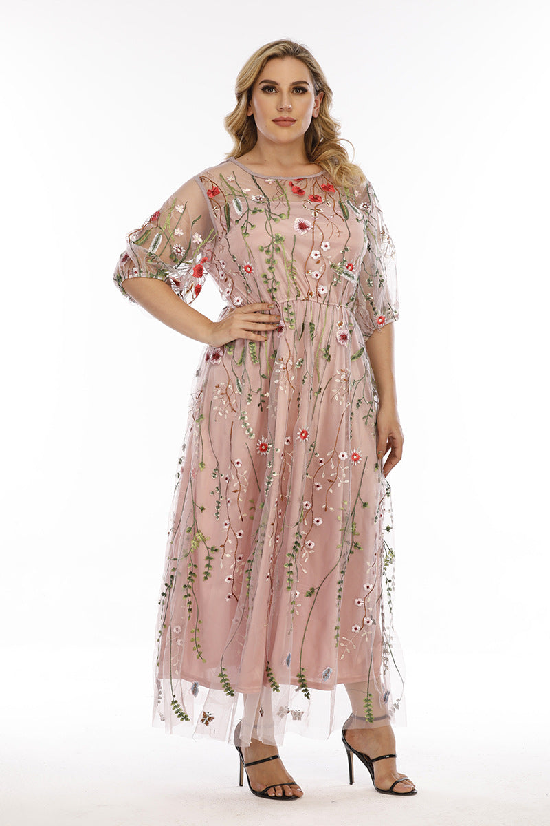Mesh Embroidered Formal Party Maxi Dress