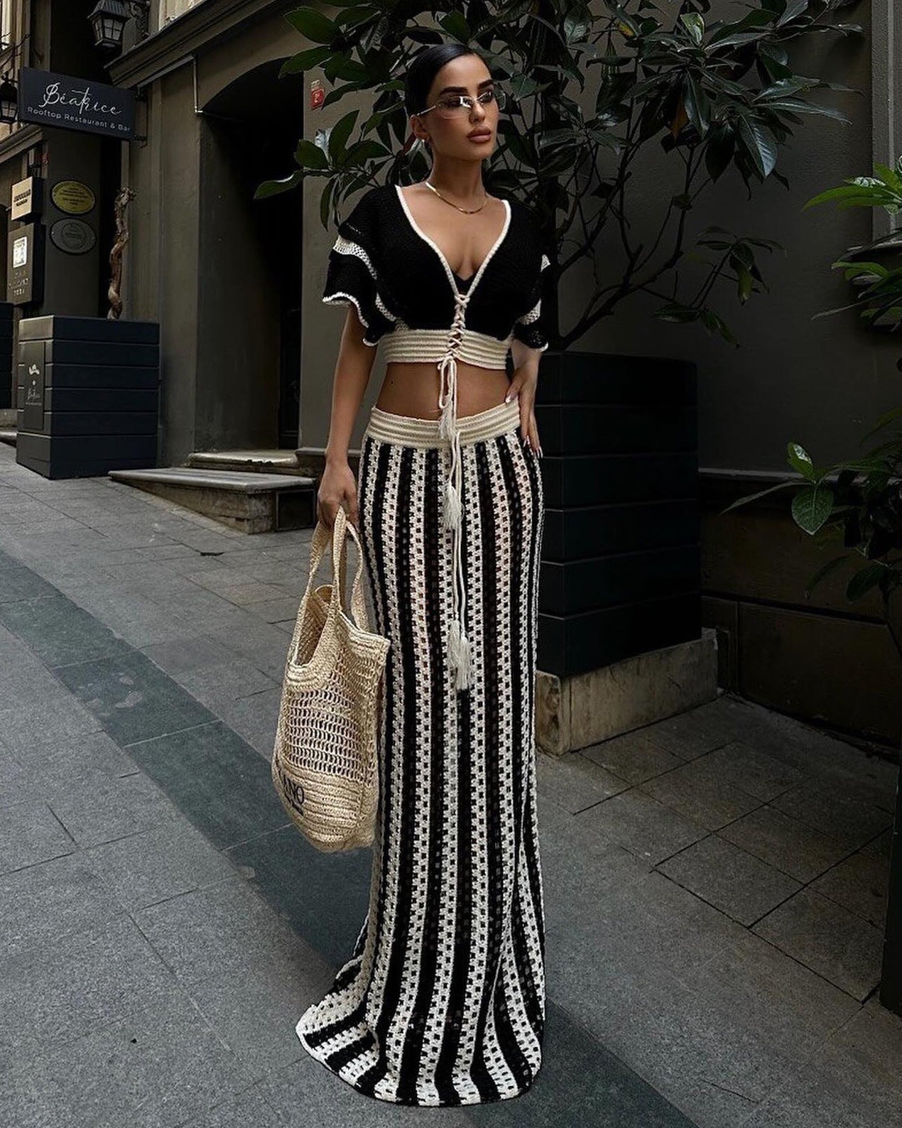 Cutout Striped Knitted Women Skirt Set