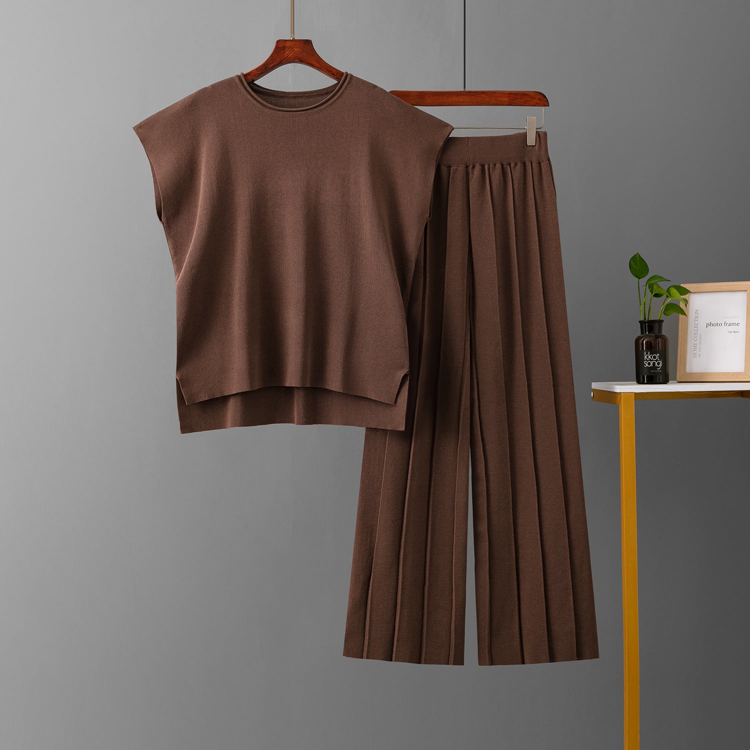 Solid Color Sleeveless Sweater Vest & Wide Leg Pants Sets