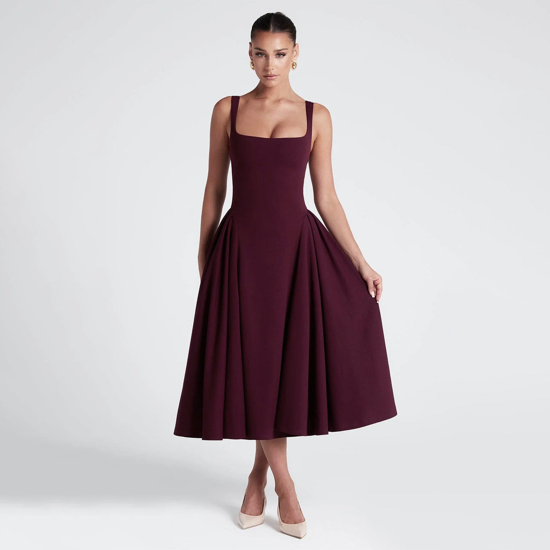 Square Collar Formal Ankle Length Dress