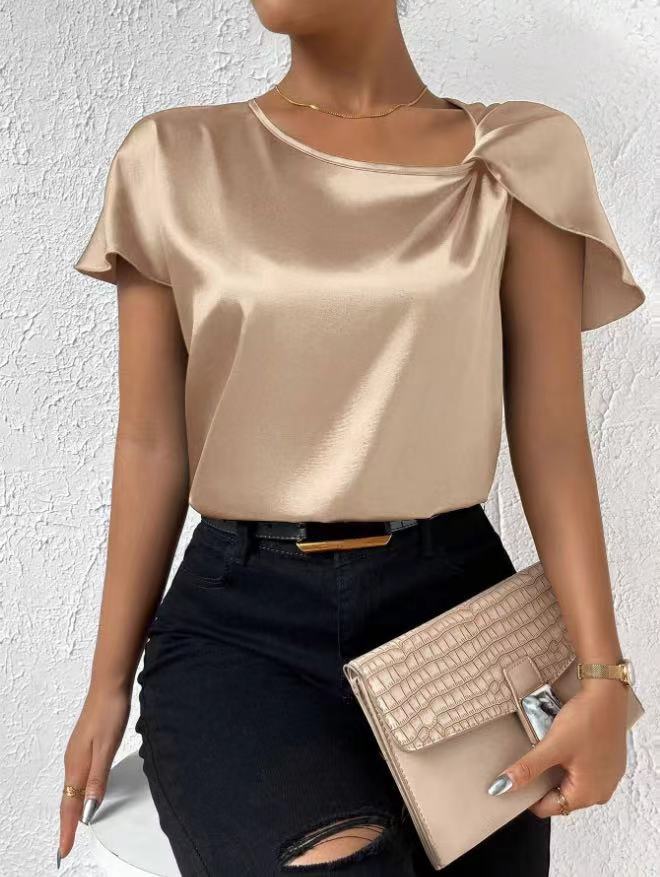 Short Sleeve Satin Twisted Solid Color Loose Fitting Top Women