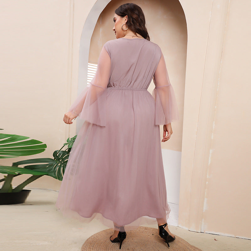 Plus Size Mesh Long Sleeve Midi Dress