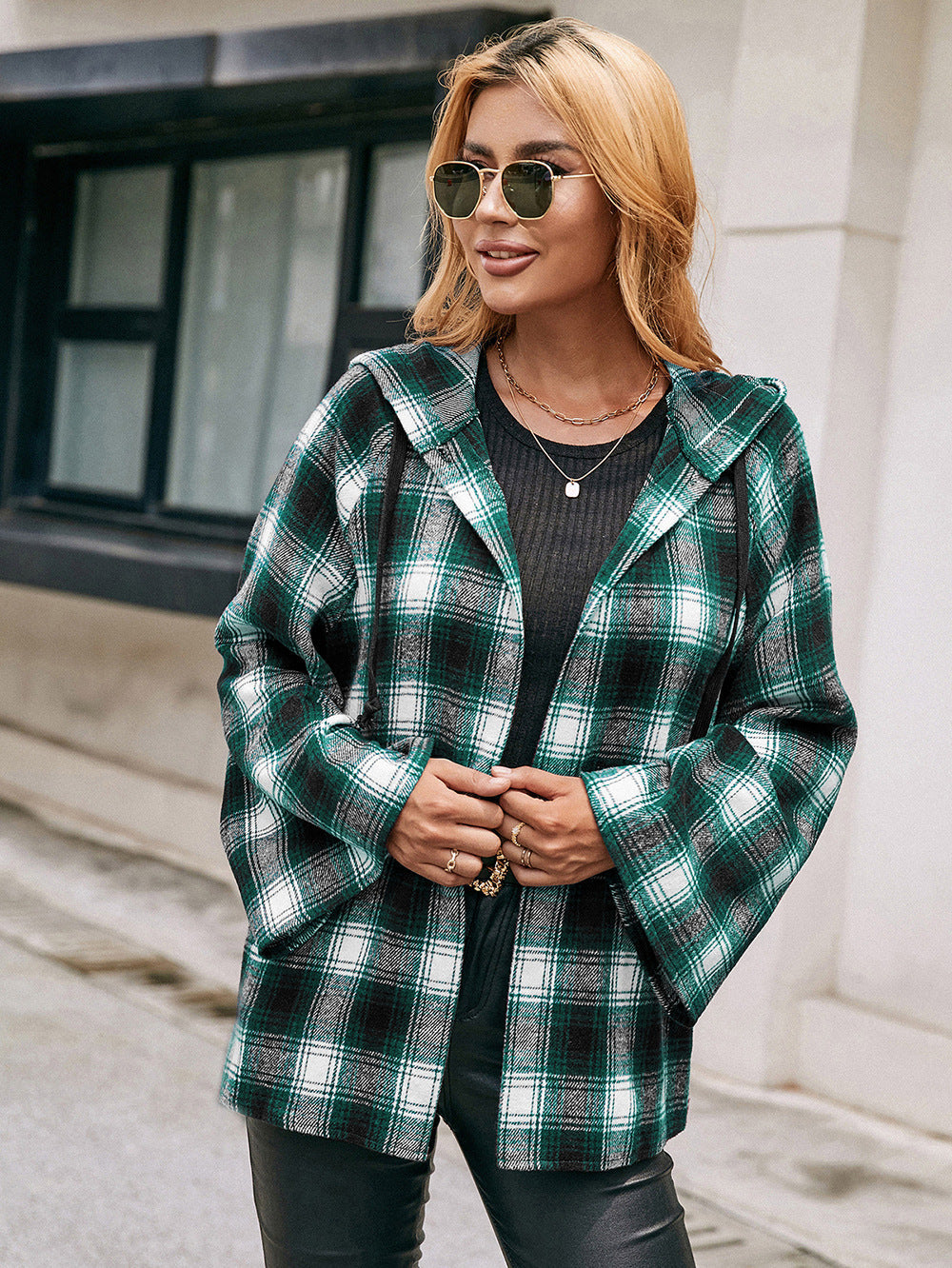 Checked Plaid Hooded Shirt Jacket