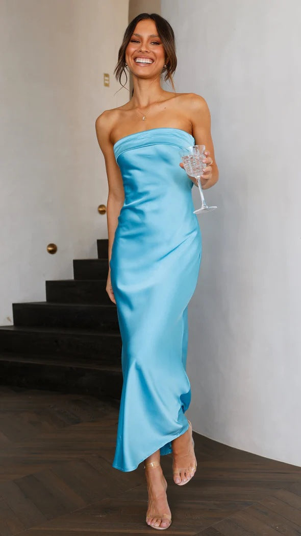 Satin Open Back Strapless Dress