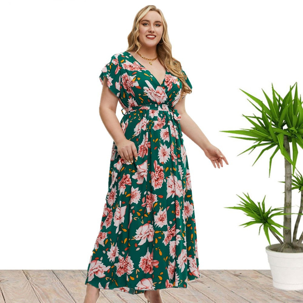 Plus Size Short Sleeve Floral Print Slit Dress