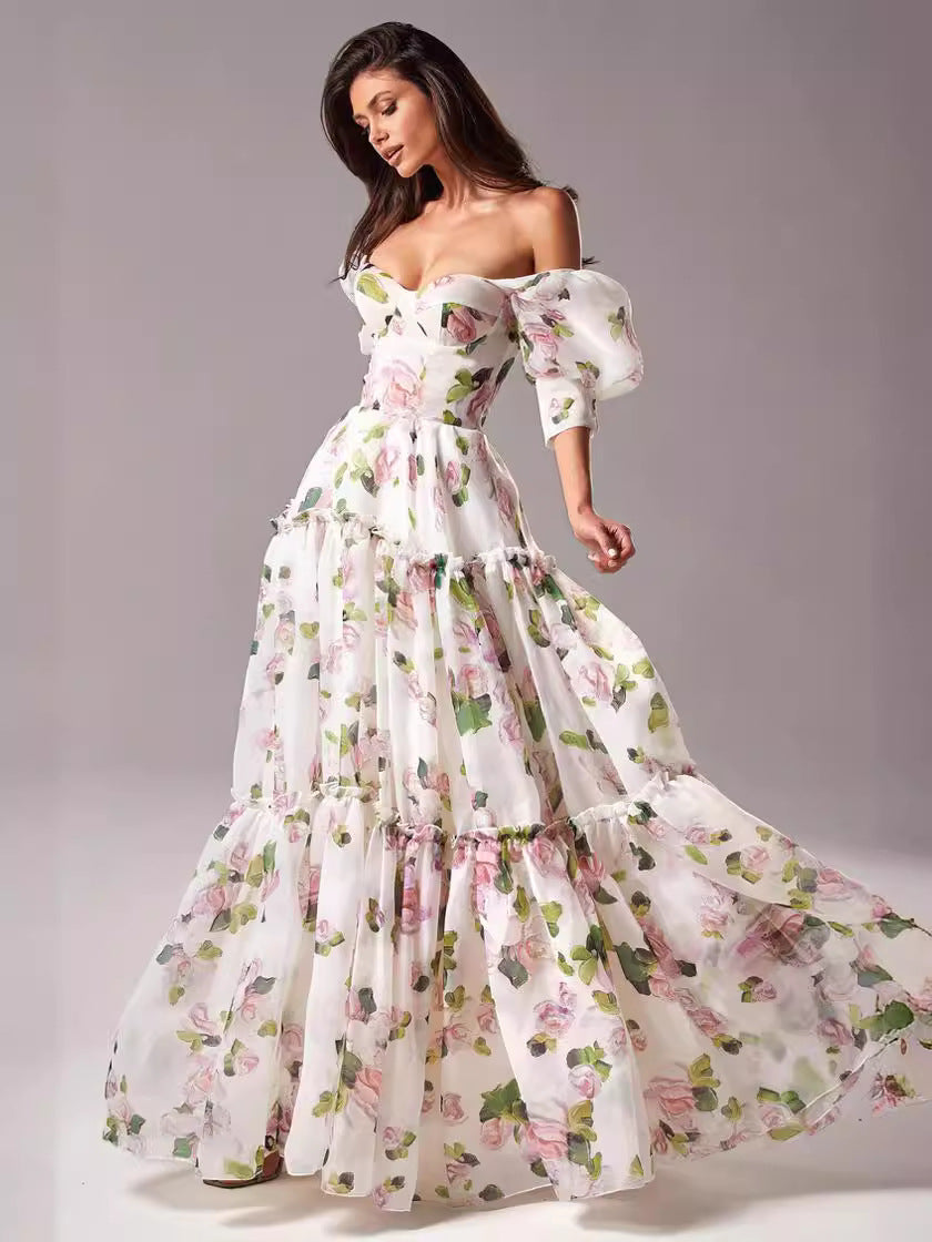 Off Shoulder Floral Printed Maxi Dress