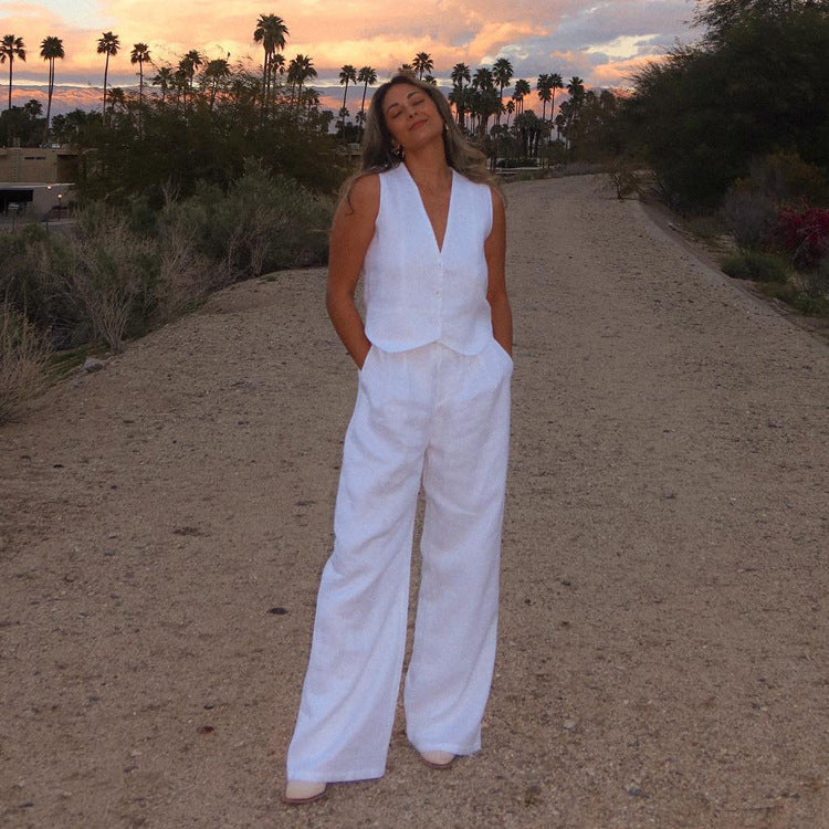 Cotton Linen Sleeveless Vest Two Piece Set