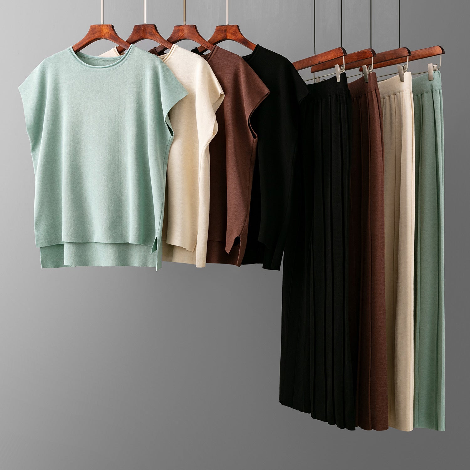 Solid Color Sleeveless Sweater Vest & Wide Leg Pants Sets