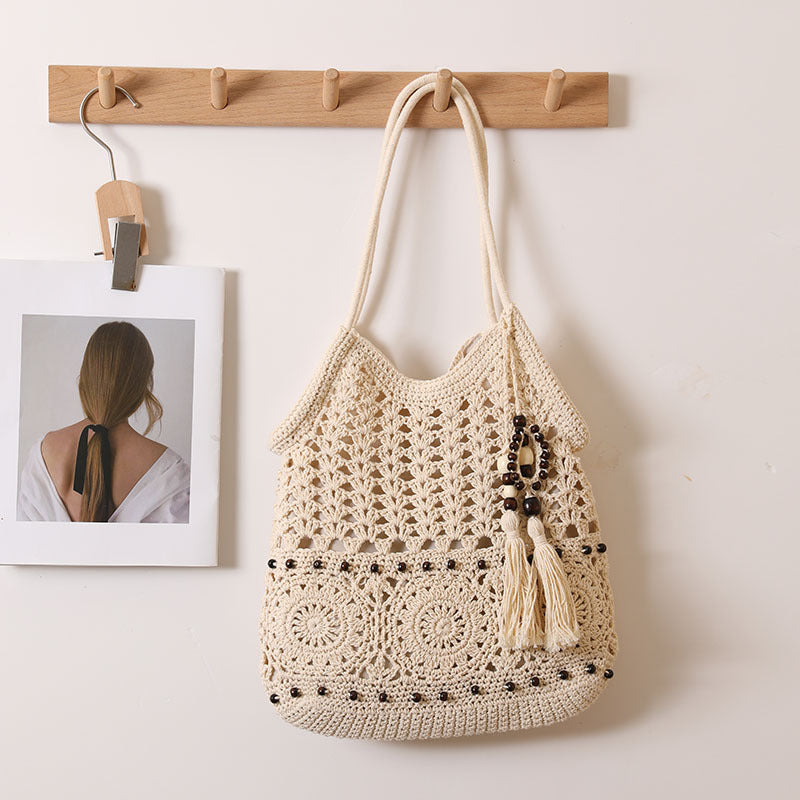 Crochet Maori Beaded Tassel Shoulder Bag Cotton Natural