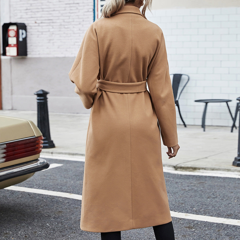 Woolen Lace-up Double Breasted Coat Outerwear