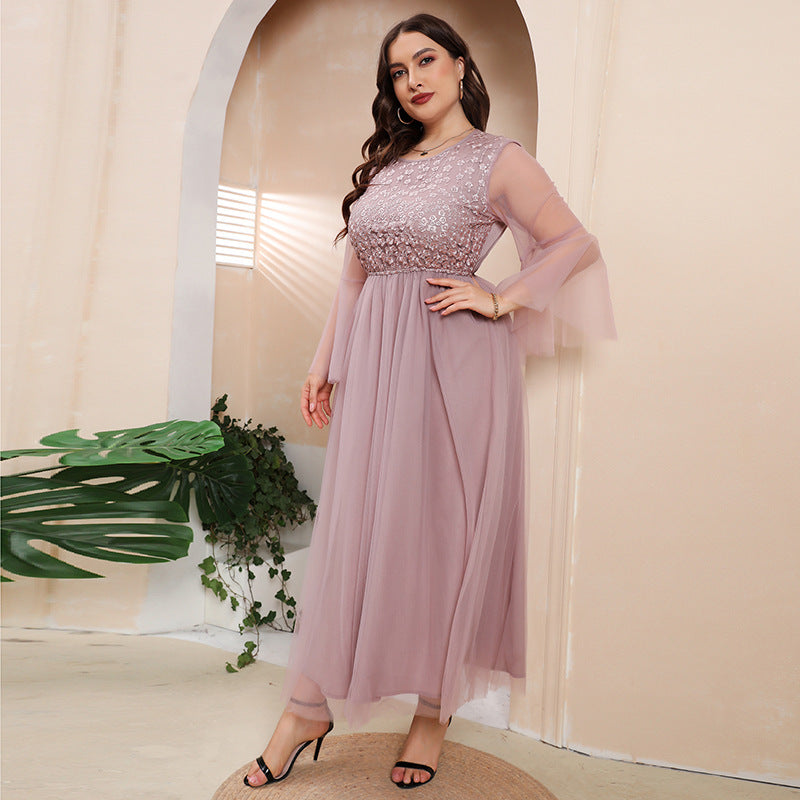 Plus Size Mesh Long Sleeve Midi Dress