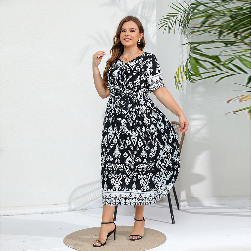 Short Sleeves Printed V neck Casual Dress