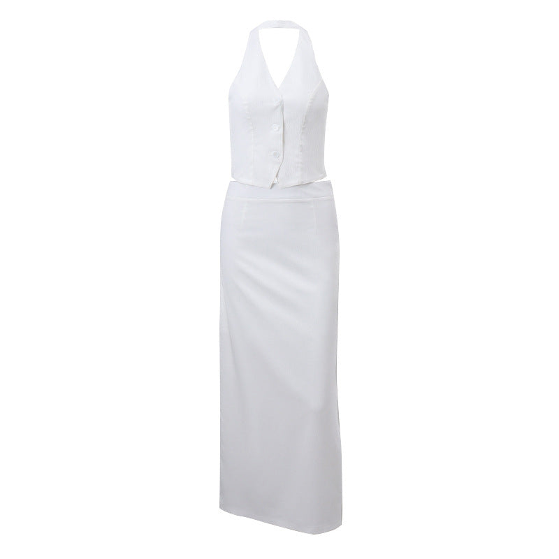 Fall Women Clothing Sexy Two Piece Suit V Neck Halter Strap Top Low Waist Slit Skirt