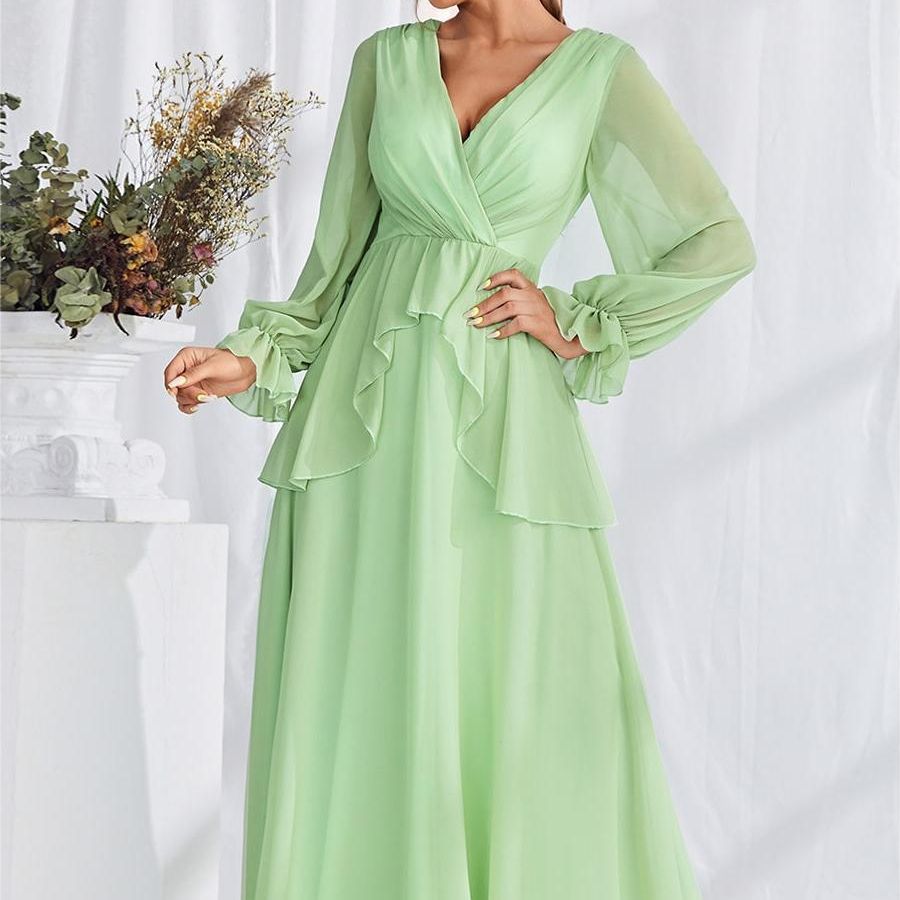 Chiffon V neck Evening Dress Puff Sleeve Ball Bridesmaid Dress Party