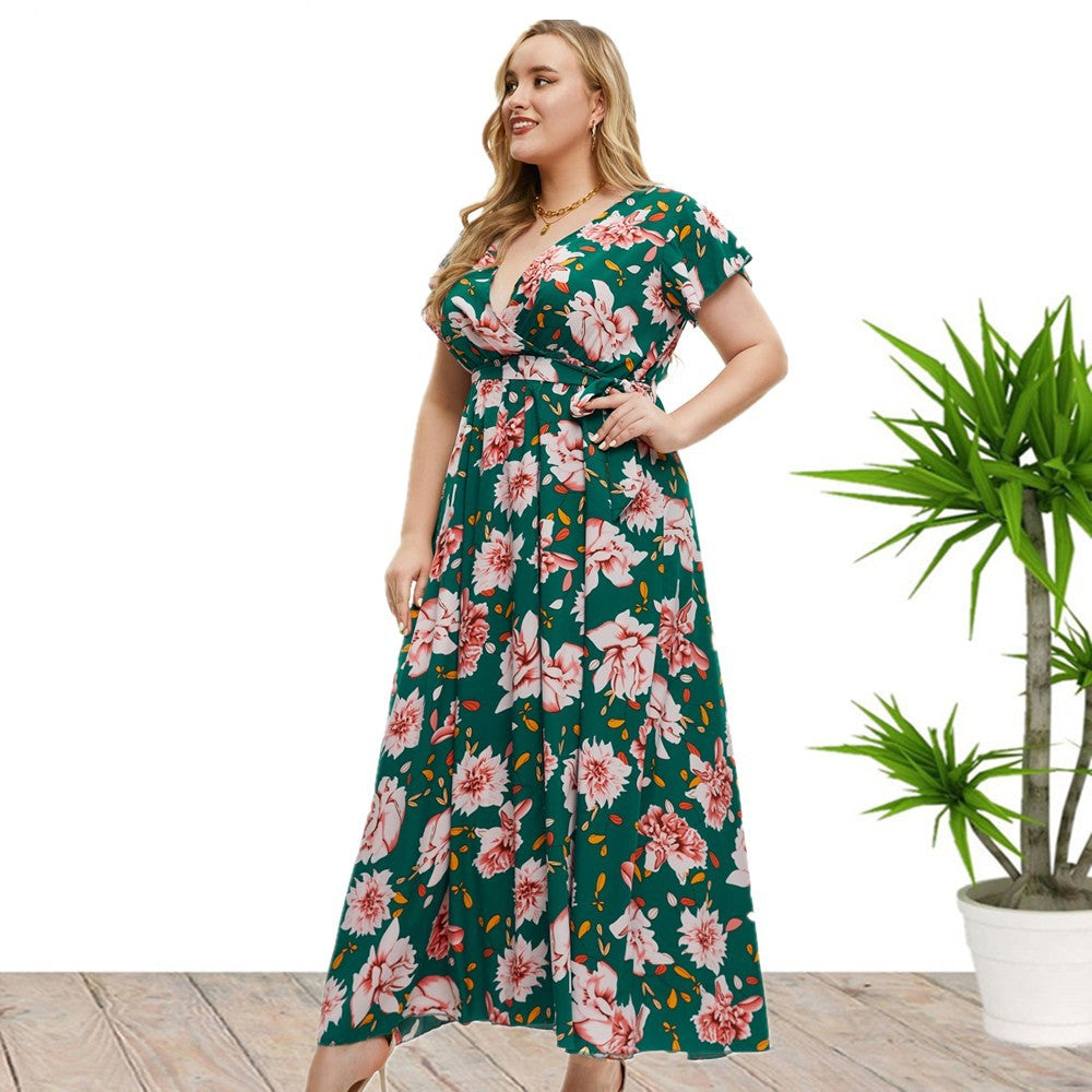 Plus Size Short Sleeve Floral Print Slit Dress