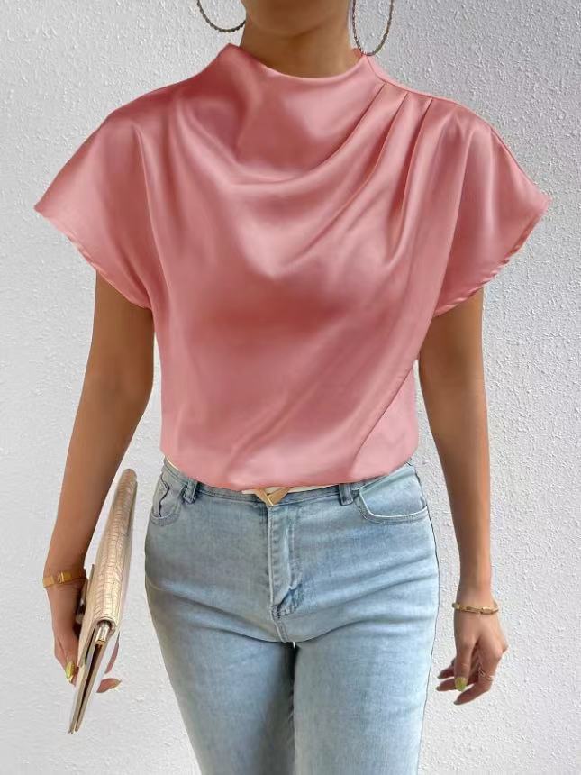 Round Neck Short Sleeve Pleated Top