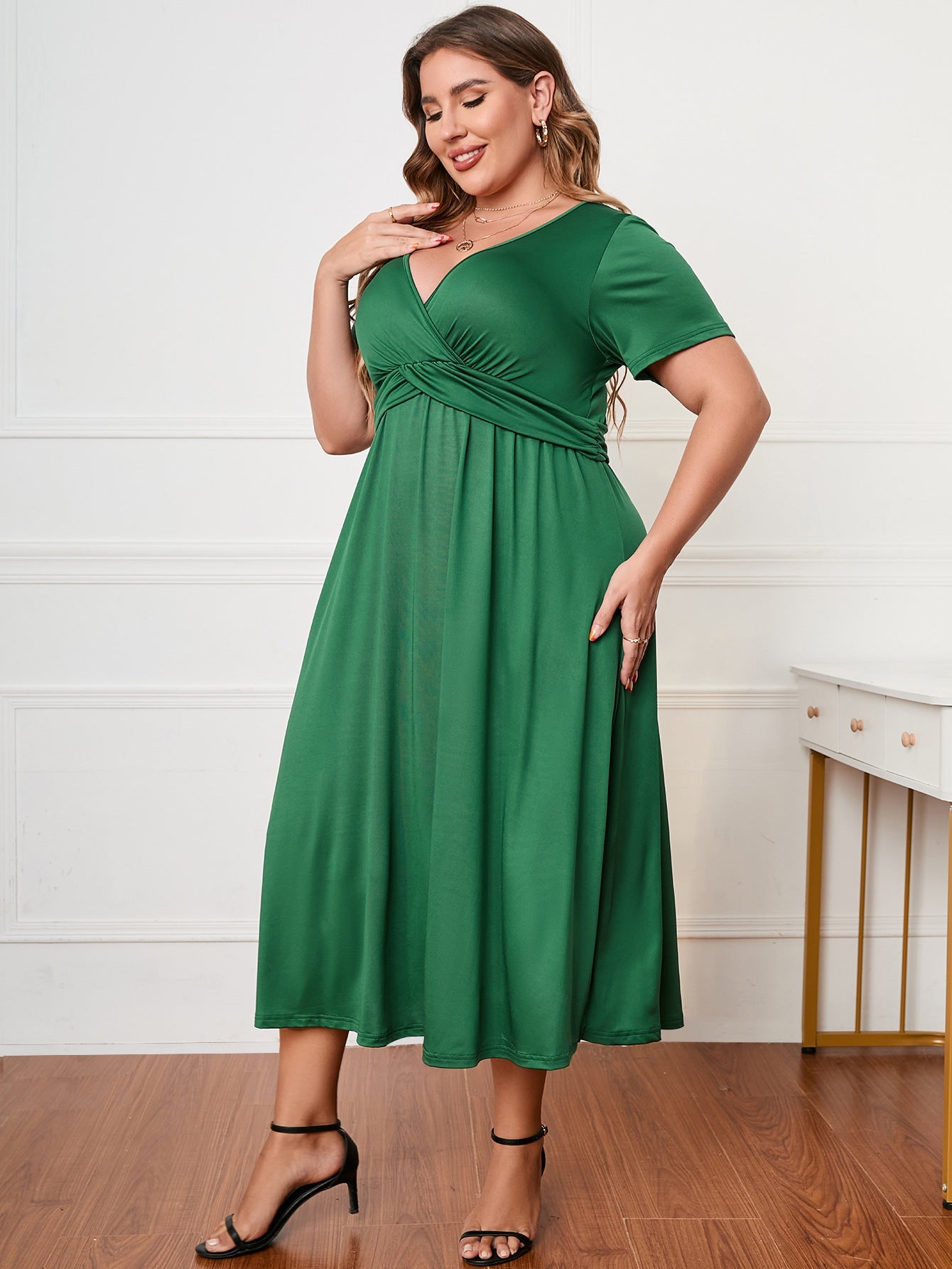Semi Formal Green V Neck Plus Size Dress