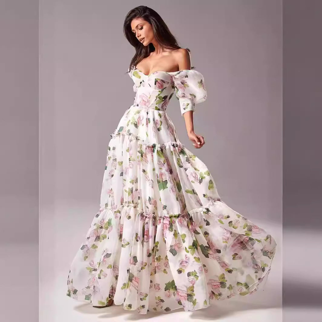 Off Shoulder Floral Printed Maxi Dress