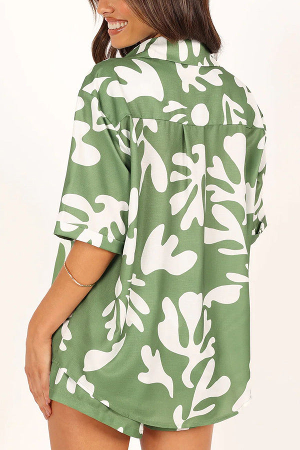 Polo Collar Printed Short Top Shorts Set