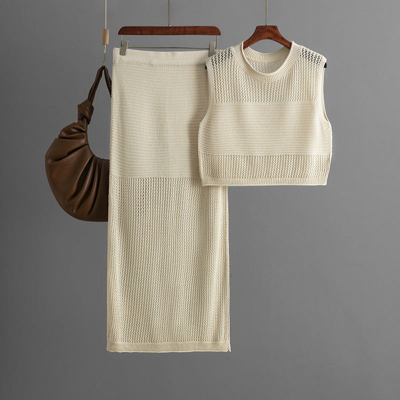 Slim Hollow Out Cutout Sleeveless Vest Summer Knitted Slit Skirt Two Piece Set