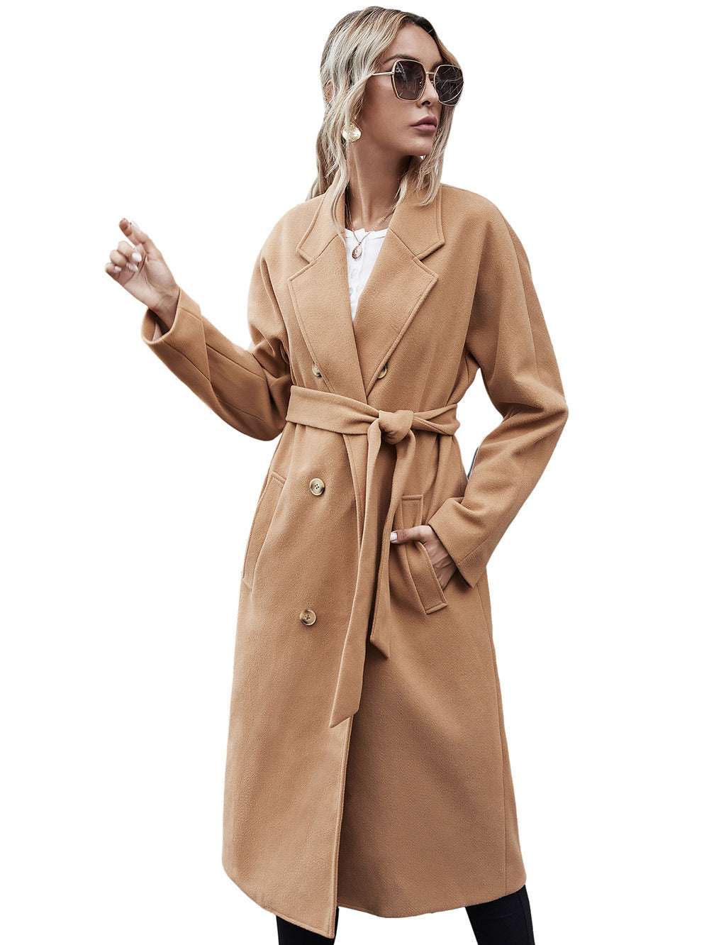 Woolen Lace-up Double Breasted Coat Outerwear